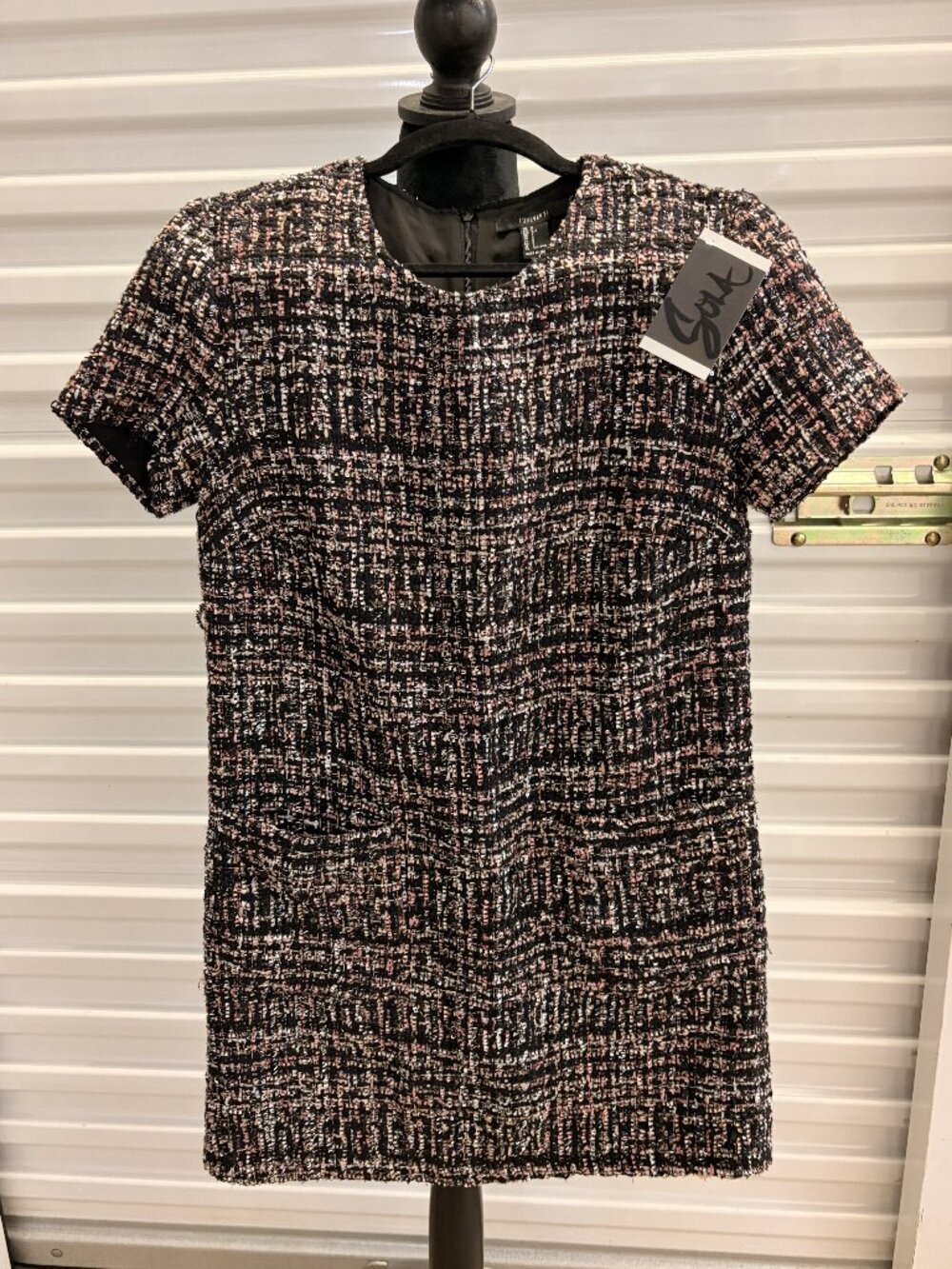 Women's Small black and white and pink bucle dress with short sleeves and pocket